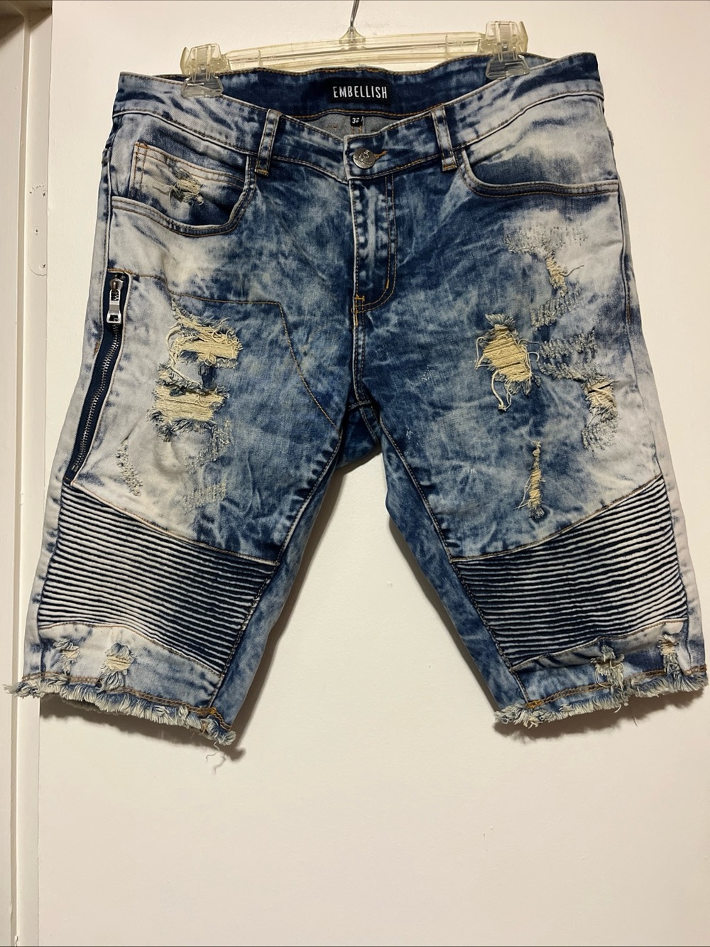 Embellish Men's Washed Blue Distressed Denim Jean Shorts